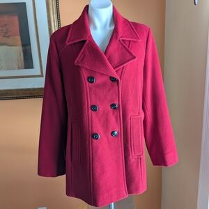 Elegant Women's Double-Breasted Pea Coat in Red 80% Wool 20% Nylon
